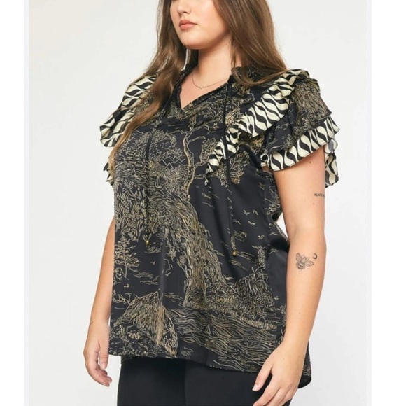 entro Tops - Entro Gold & Black Patterned Blouse